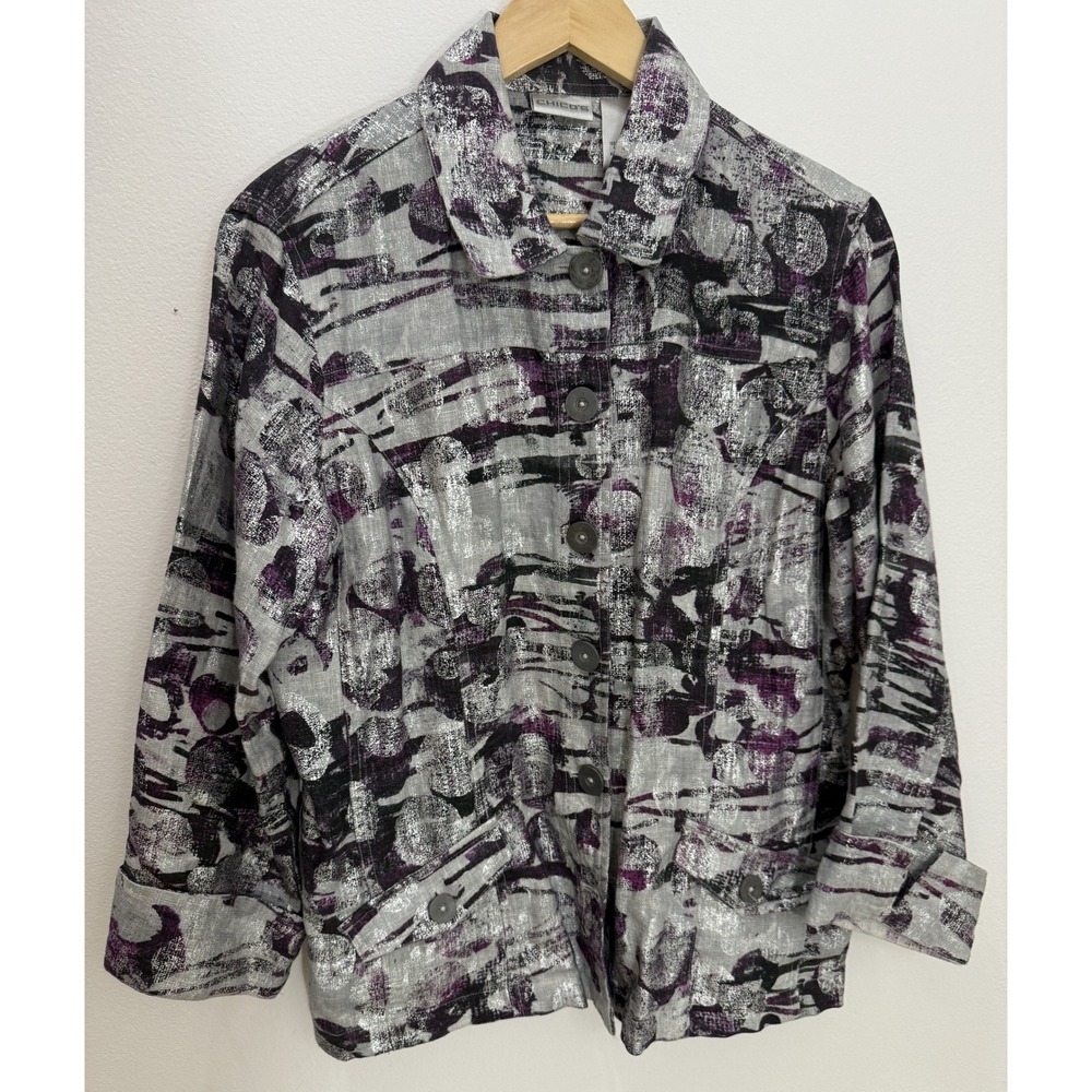 Chicos Metallic Linen Jacket Women 2 L Purple Silver Abstract Button Pockets